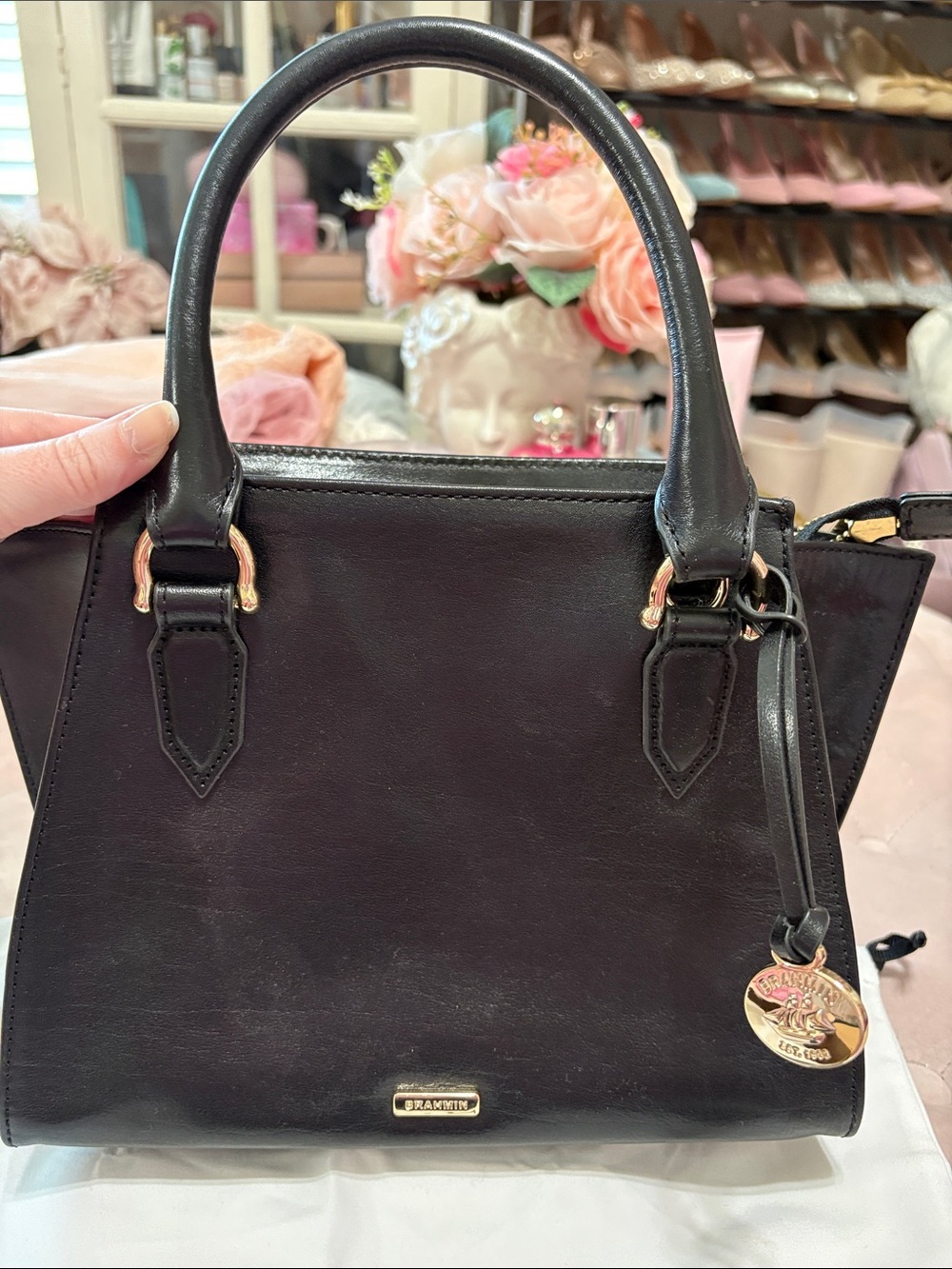 Brahmin Black Leather Satchel with Gold Hardware and Detachable Strap - Picture 12 of 12